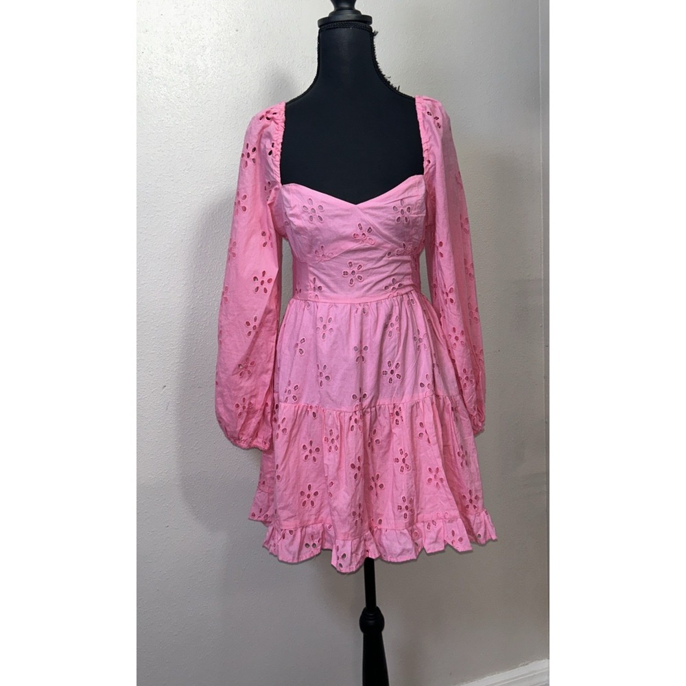 ASOS Broderie‎ Mini Dress Women's 8 Pink Floral Tiered Eyelet Skater Open Back